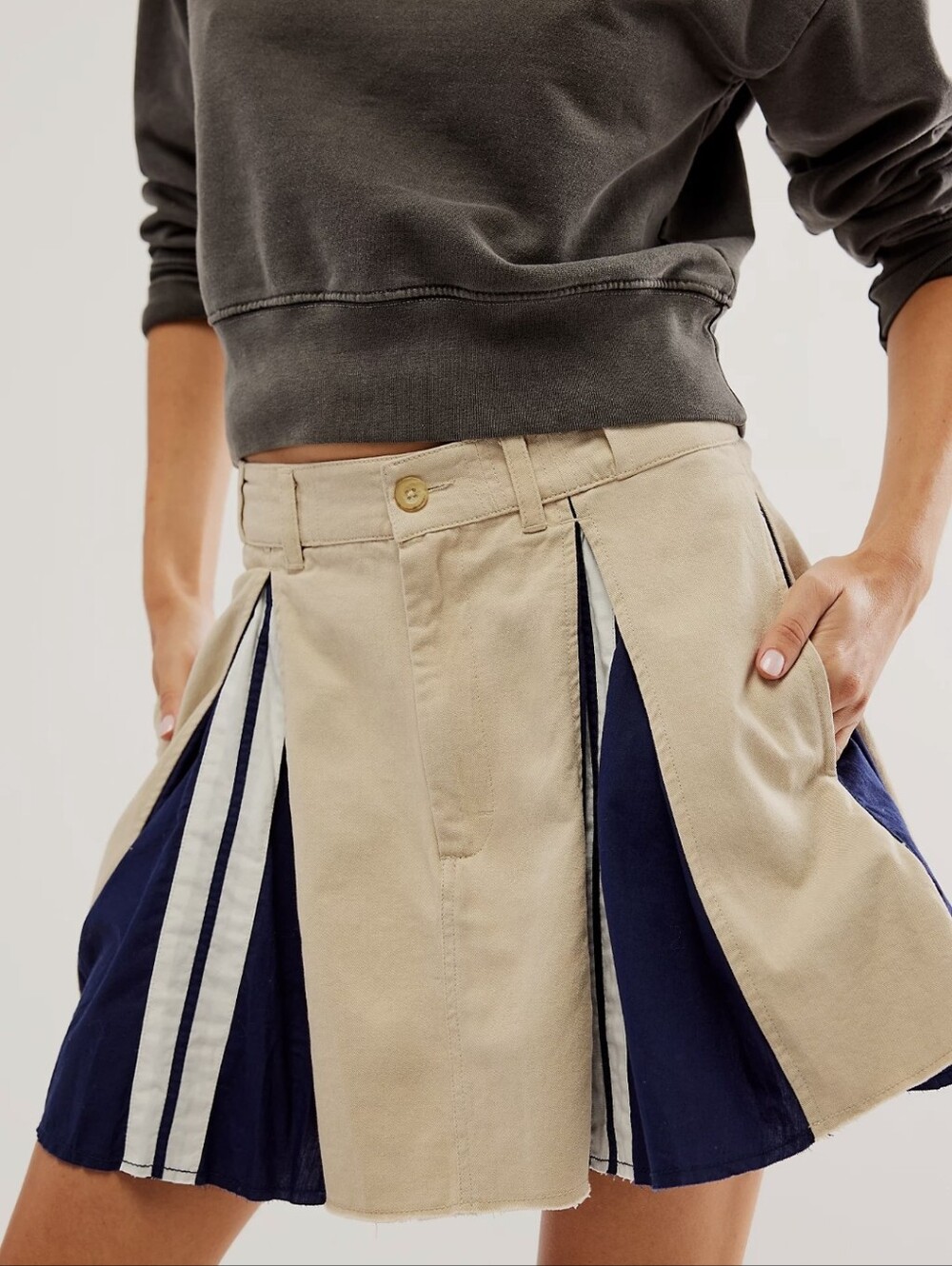 Free People Hannah Sporty Mini Skirt Sand Jam Combo Pleated Tan Navy Large NWT